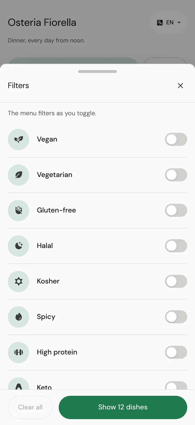 The Filters panel on the customer menu with a switch for each diet and a Show 12 dishes button