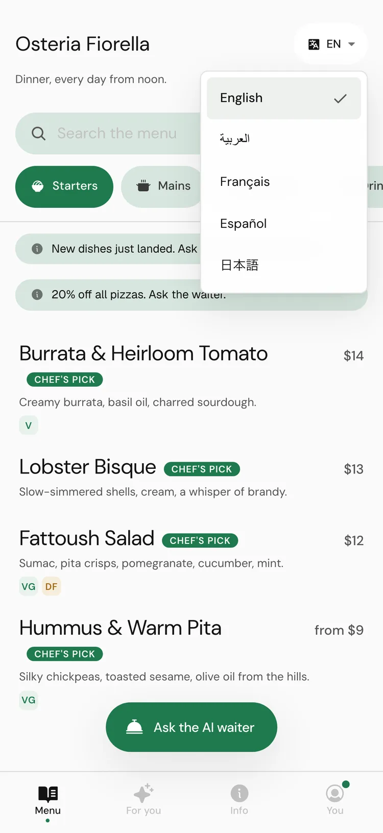 The customer menu on a phone with the language list open: English, Arabic, French, Spanish and Japanese
