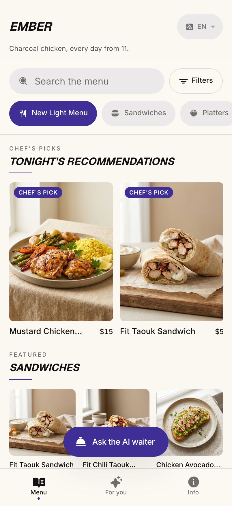 The guest menu on a phone with a language switcher in the top corner