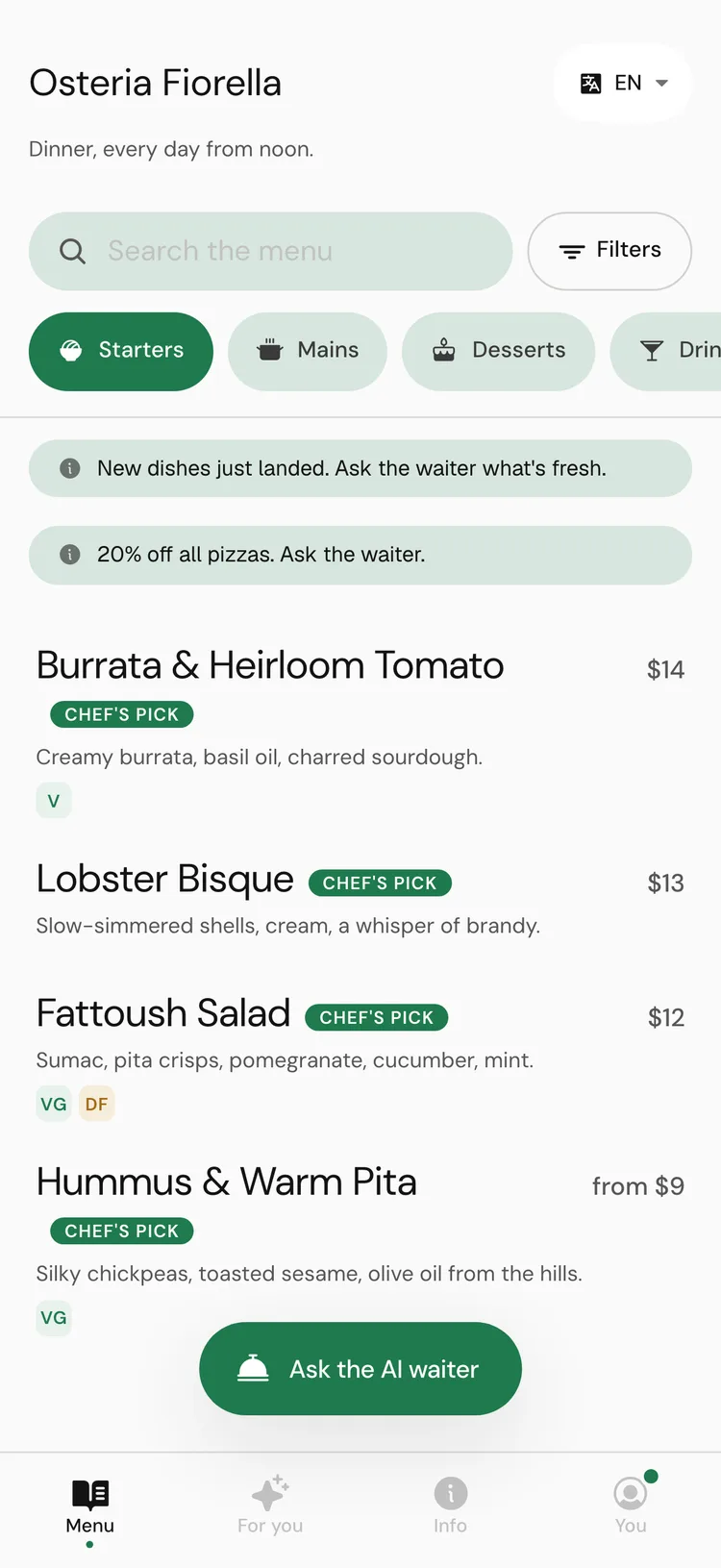 A restaurant's tamr menu on a phone with the language switcher, search, Filters, categories, dishes, and the Ask the AI waiter button