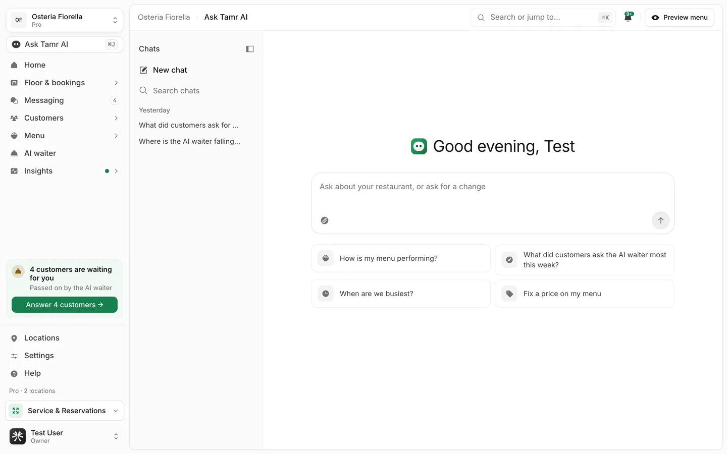 The Ask Tamr AI page with the chats list on the left, a greeting, the message box and four suggestions