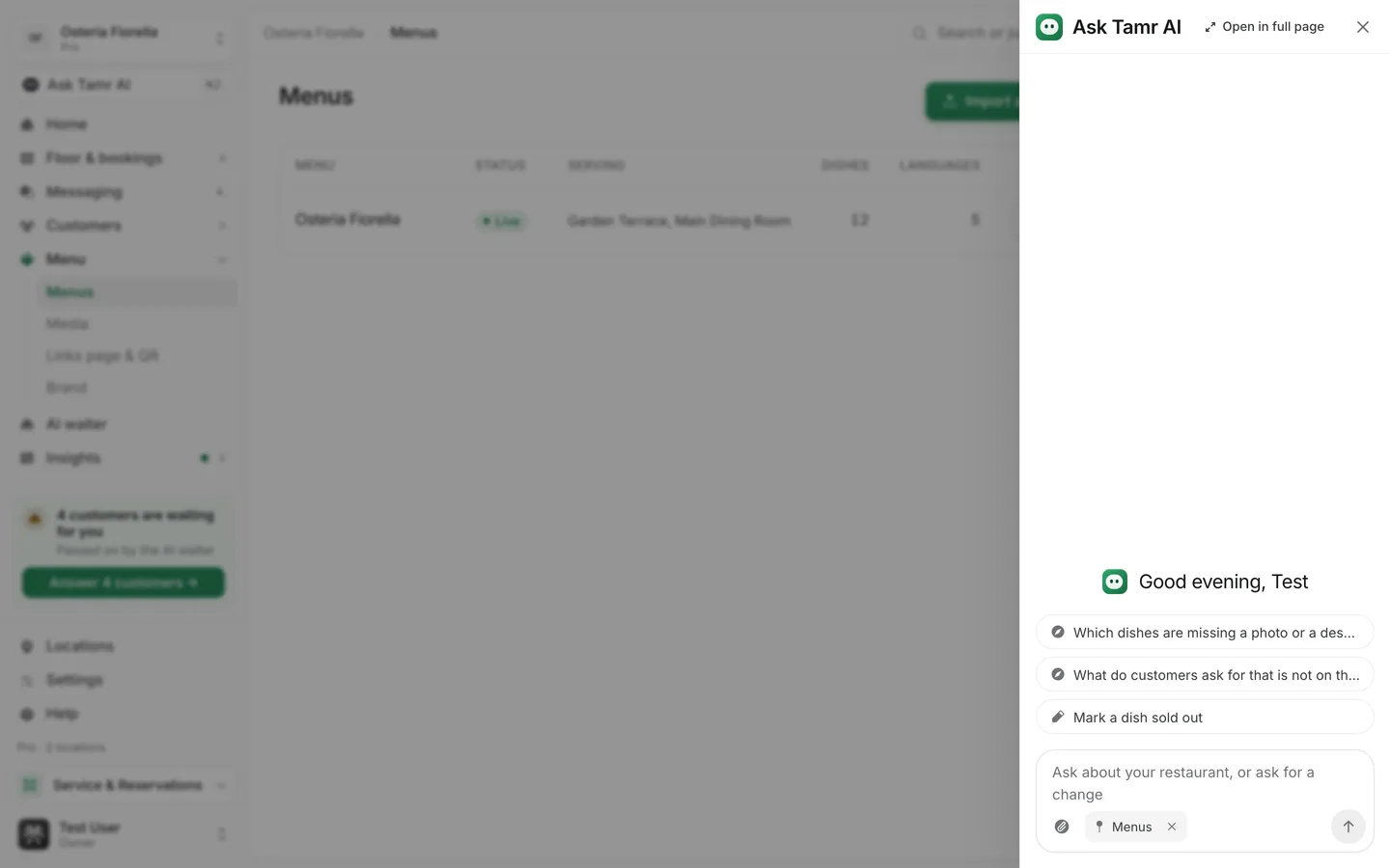 The Ask Tamr AI panel open on the right edge of the Menus page, with suggestions and a Menus context chip