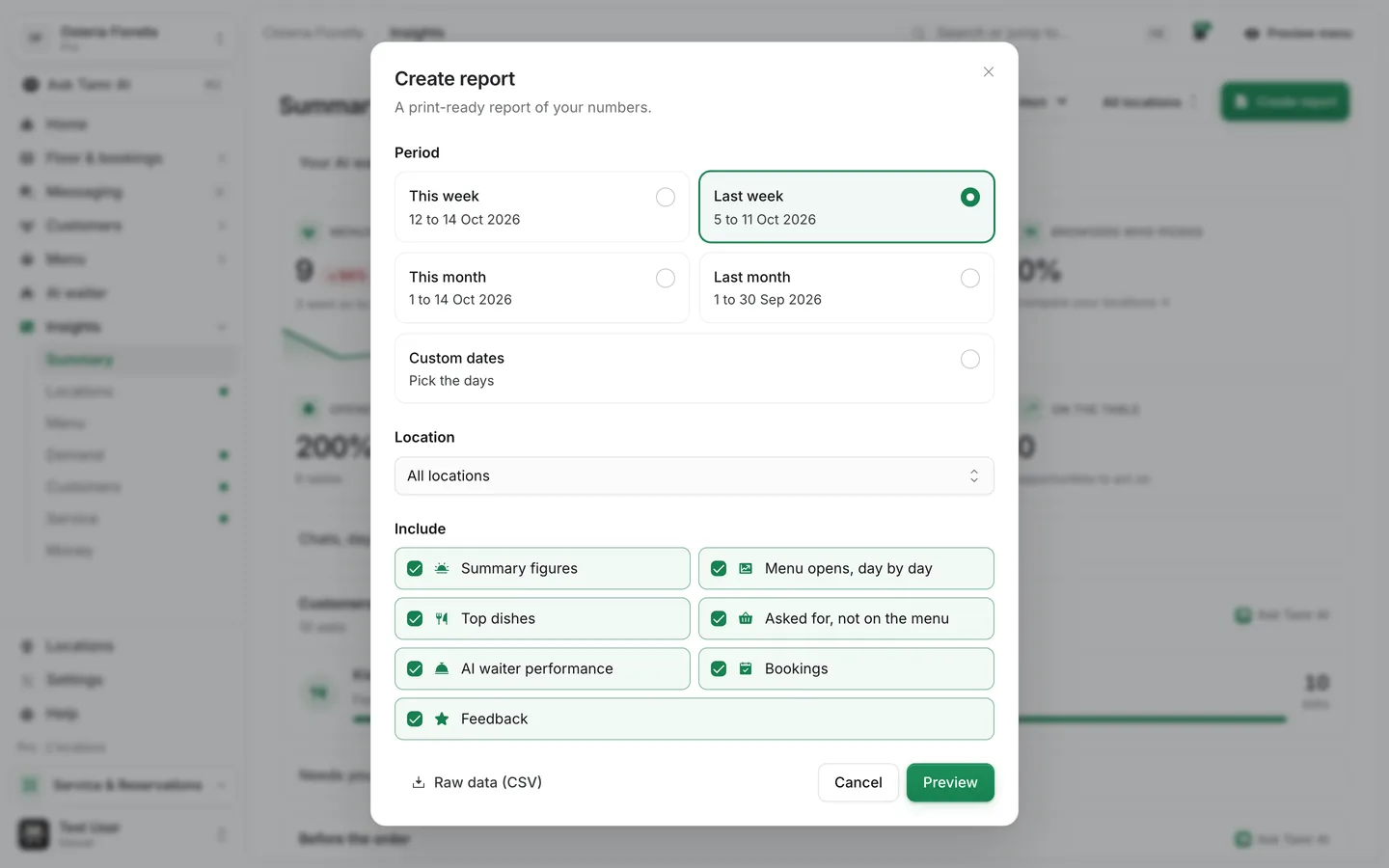 The Create report dialog with period choices, a location menu and the sections to include