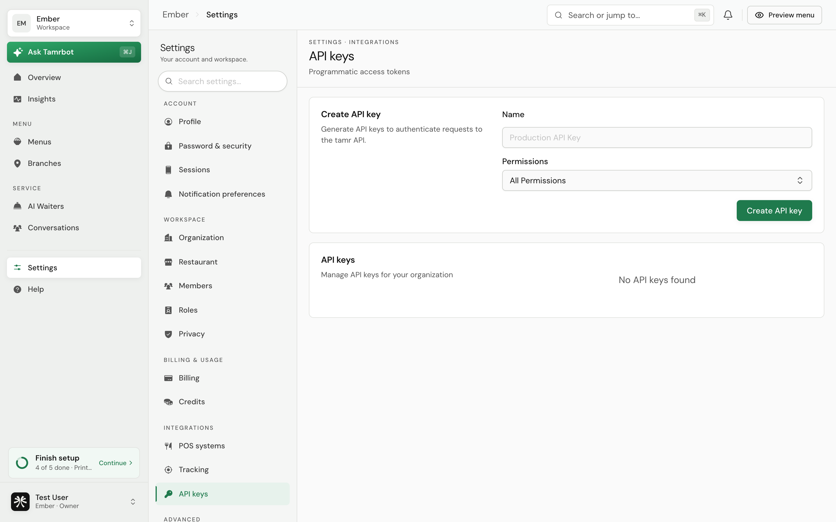 The API keys settings in tamr, showing issued keys