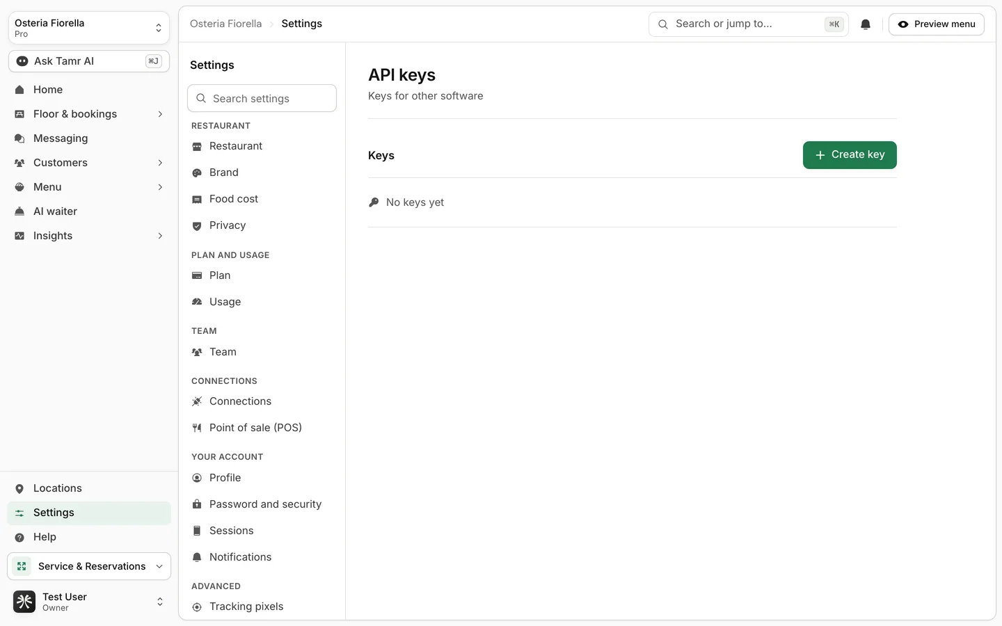 The API keys page with a list of keys and a Create key button