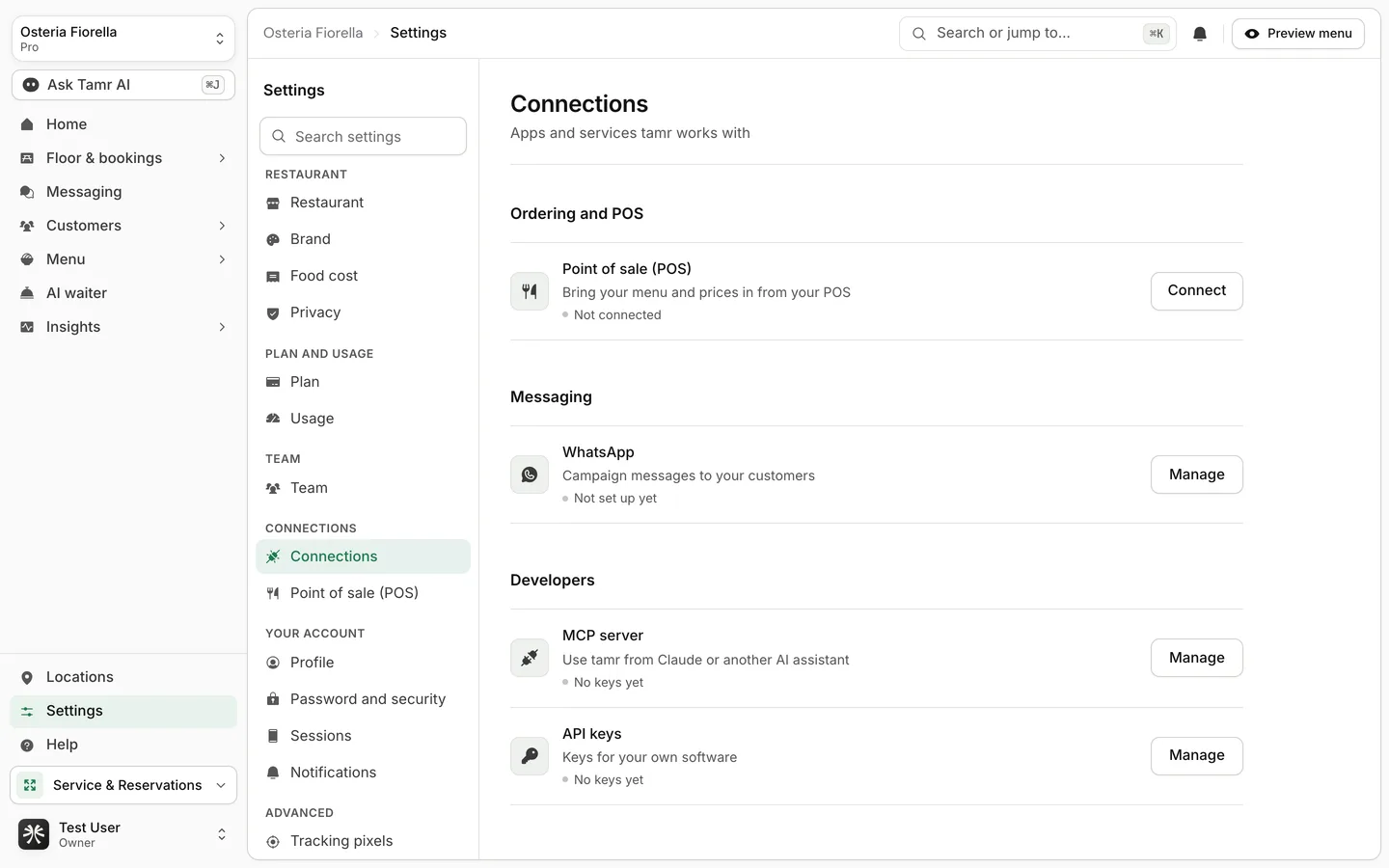 Settings, Connections: rows for Point of sale, WhatsApp, MCP server and API keys, each with a status and a Manage or Connect button
