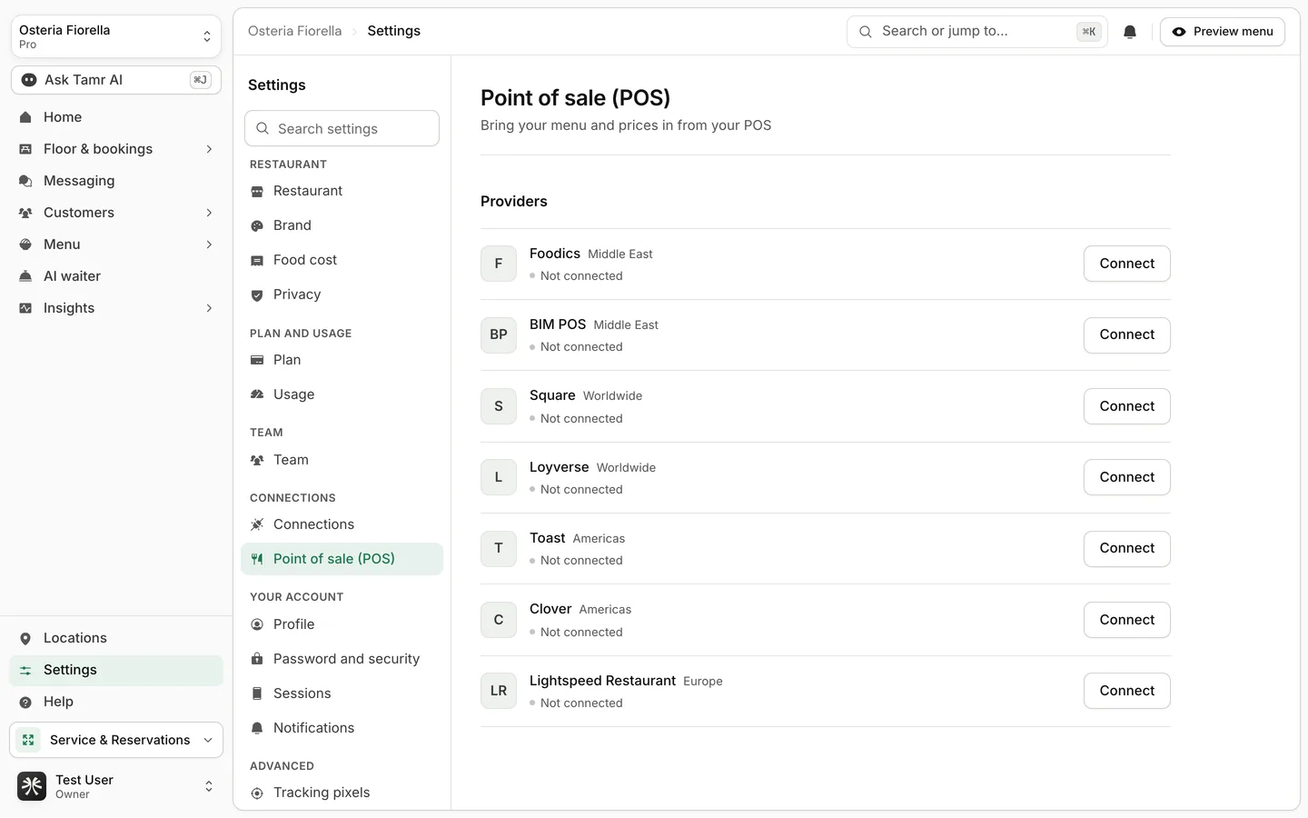 The POS providers list, grouped by region, each with a Connect button