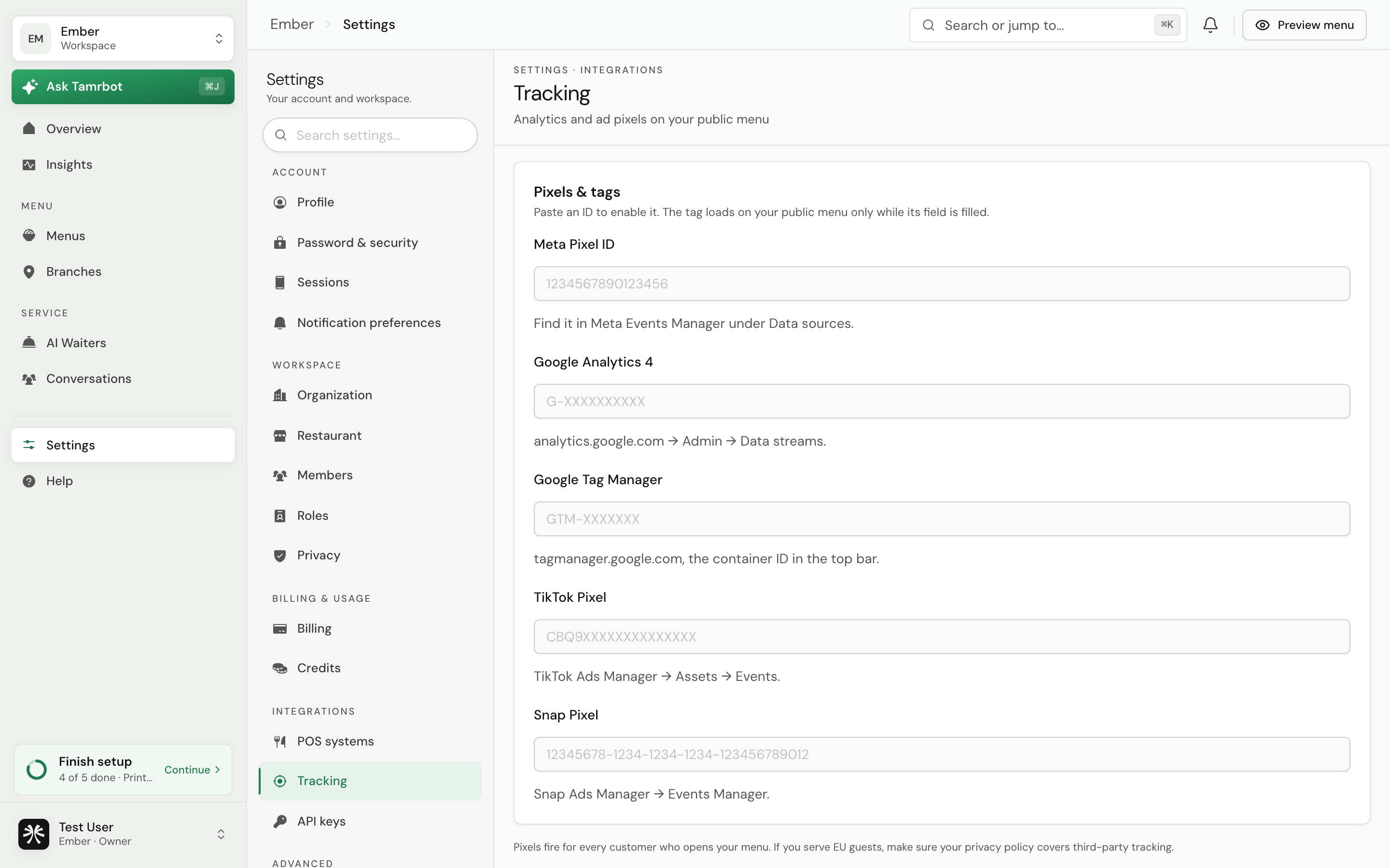 The Tracking settings in tamr, showing pixel and tag integrations