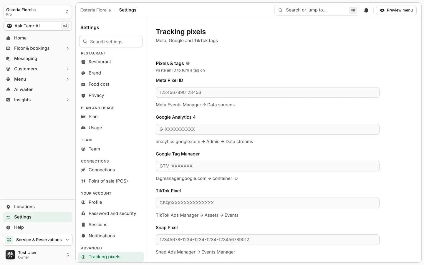 The Tracking settings in tamr, showing pixel and tag integrations