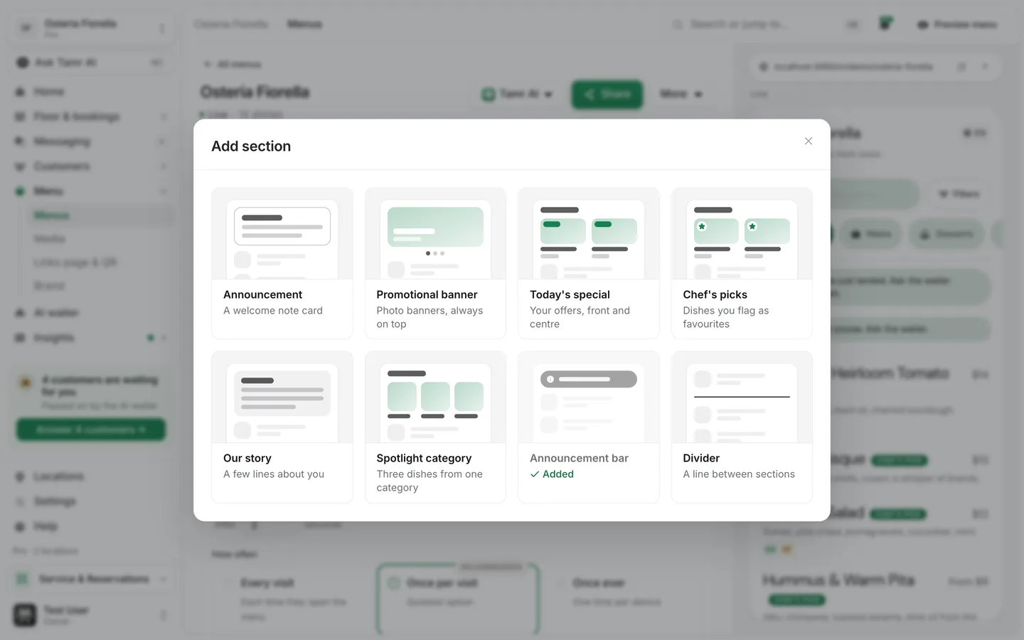 The Add section gallery in tamr, showing Announcement, Promotional banner, Today's special, Chef's picks, Our story, Spotlight category, Announcement bar marked Added, and Divider
