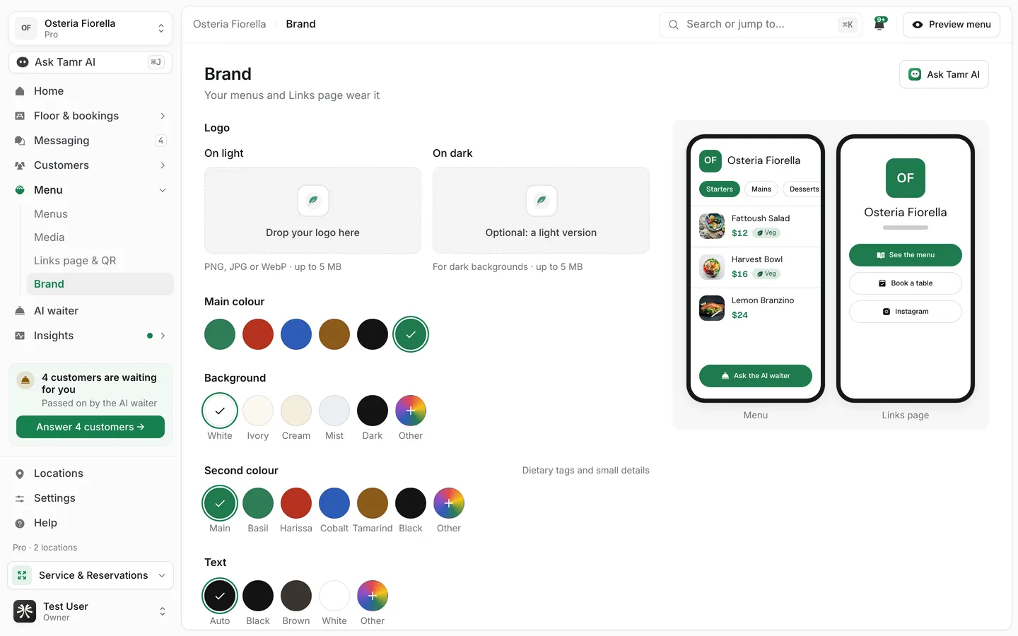 The Brand page in tamr, with logo fields for light and dark backgrounds, main colour, background, second colour and text swatches, and a preview of the menu and the Links page
