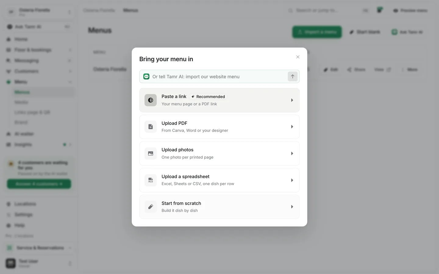 The Bring your menu in dialog in tamr, with a Tamr AI field on top and options to paste a link, upload a PDF, upload photos, upload a spreadsheet or start from scratch