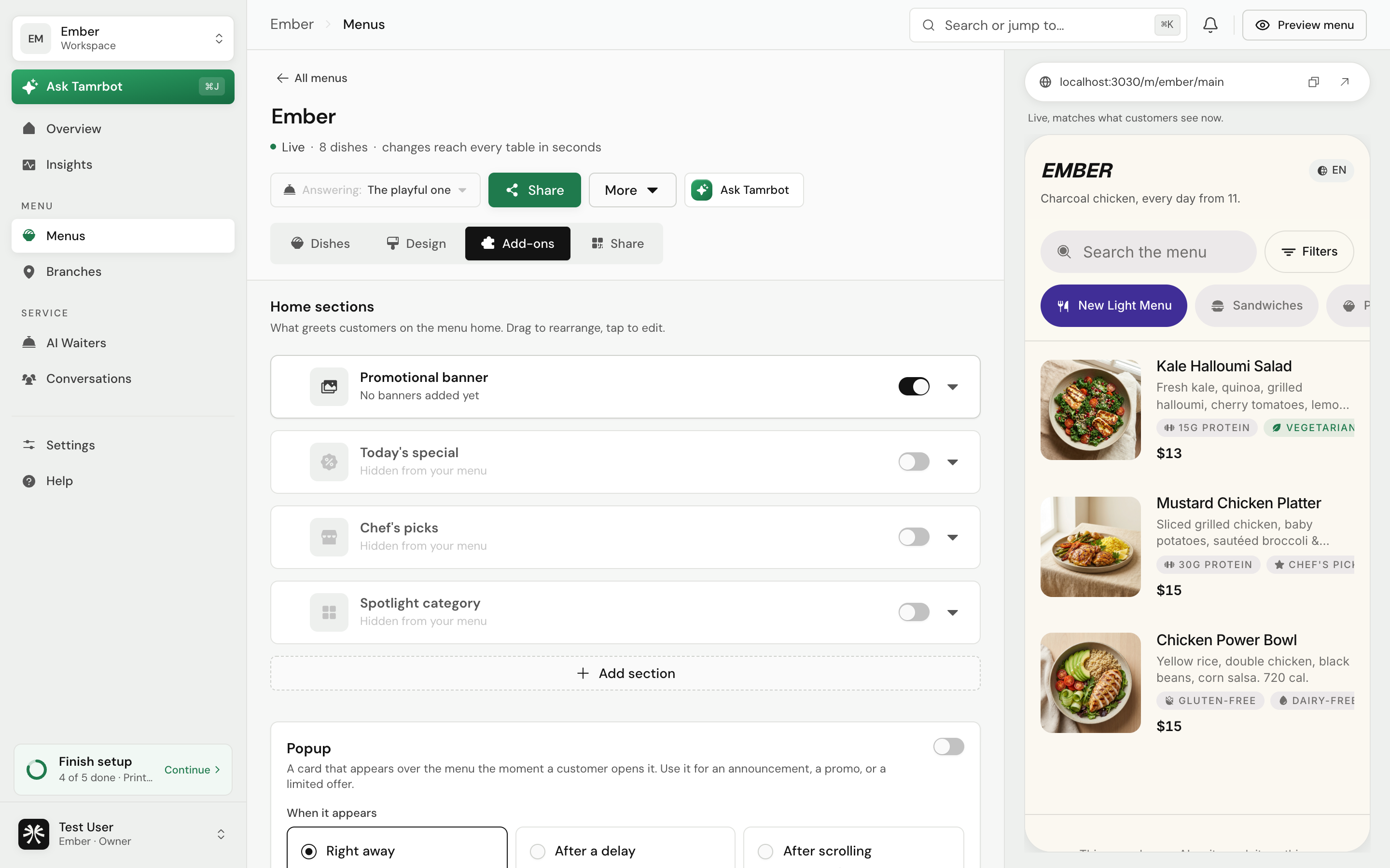 The Add-ons tab of the tamr menu editor, showing home section blocks and the popup builder