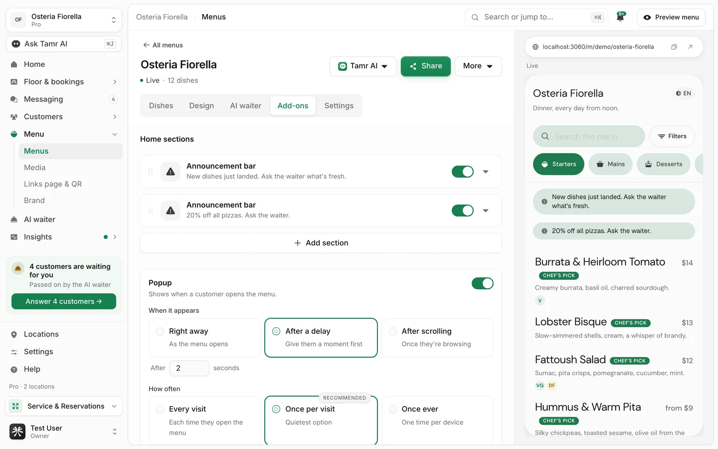 The Add-ons tab of the tamr menu editor, with two announcement bars under Home sections, an Add section button, and the Popup settings below