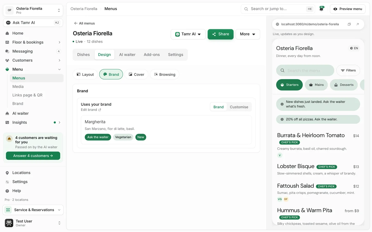 Design → Brand in the tamr menu editor, showing Uses your brand with a Brand and Customise switch and a sample dish card