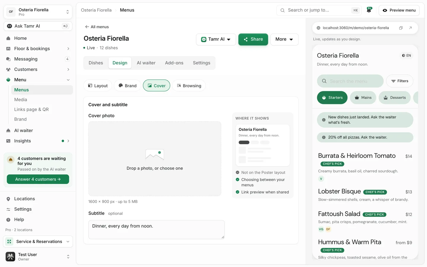Design → Cover in the tamr menu editor, with the cover photo field, the subtitle, and a Where it shows box listing where the cover appears