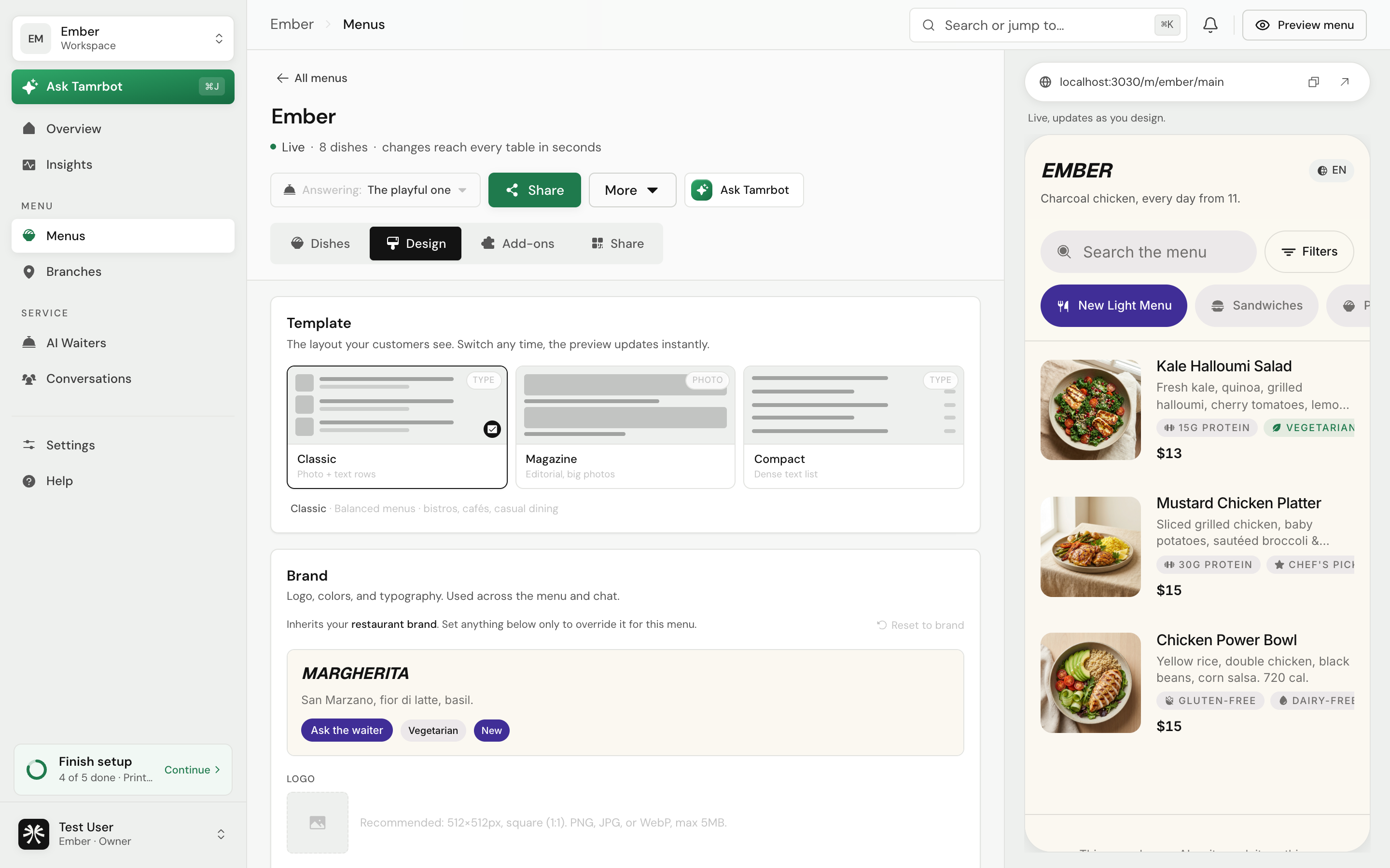 The Design tab of the tamr menu editor, showing template, brand, and typography controls with a live phone preview