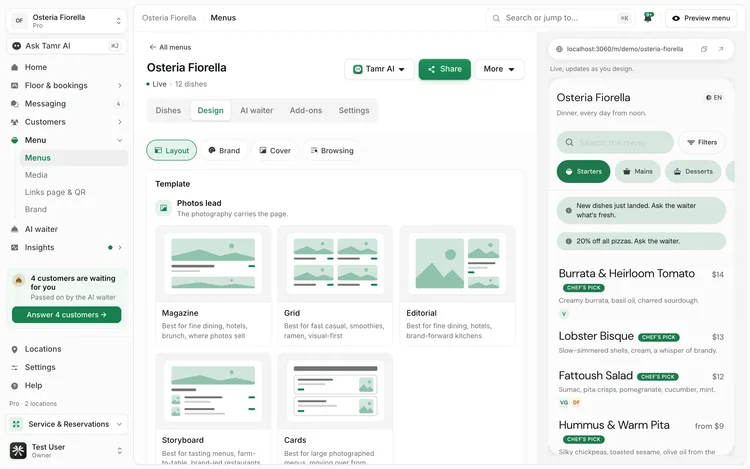 The Design tab of the tamr menu editor on Layout, with the template cards grouped under Photos lead and a live phone preview