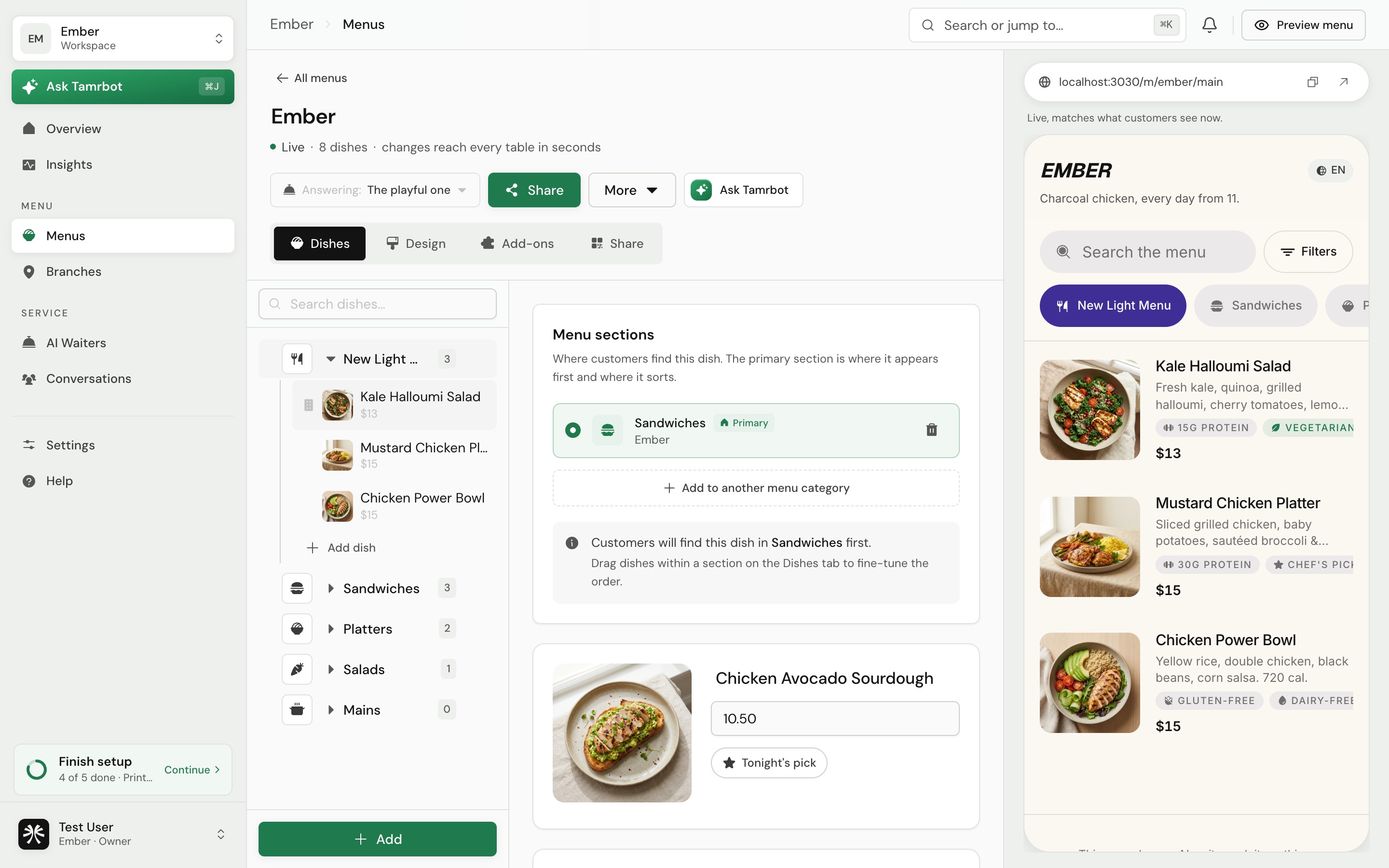The tamr menu editor on the Dishes tab: category rail on the left, the dish form in the middle, and a live phone preview on the right
