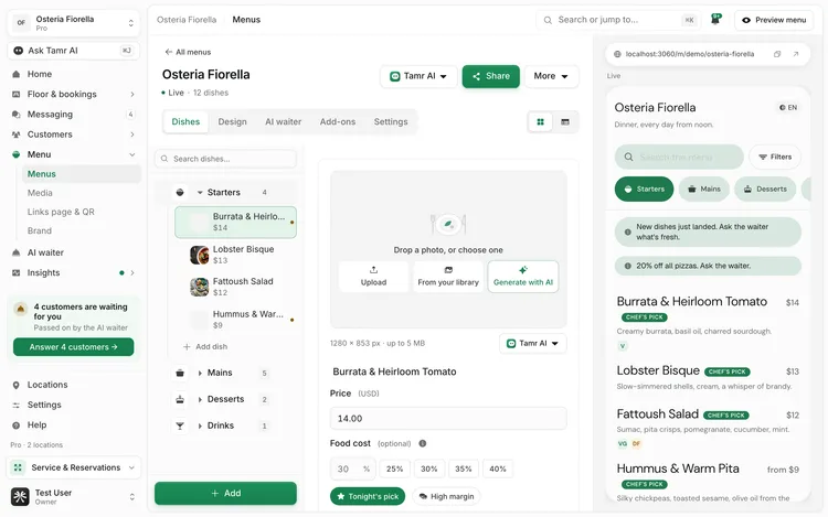 The Dishes tab of the tamr menu editor: categories and dishes on the left, the dish form with its photo field in the middle, and the phone preview on the right