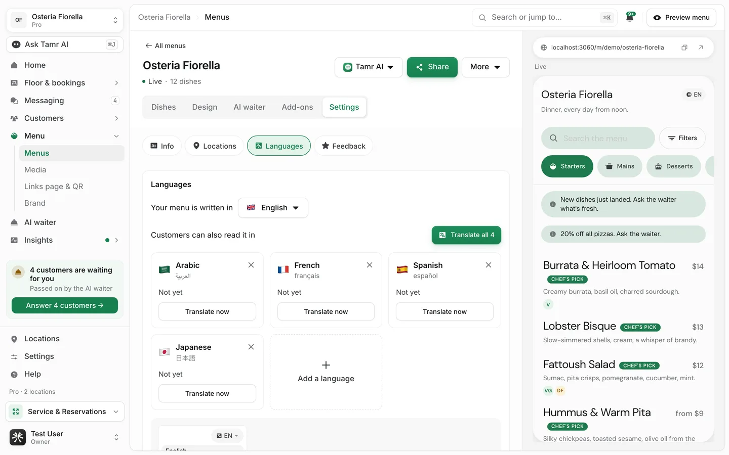 Settings → Languages in the tamr menu editor, with the menu written in English, four extra languages each with Translate now, and the currency and price format below