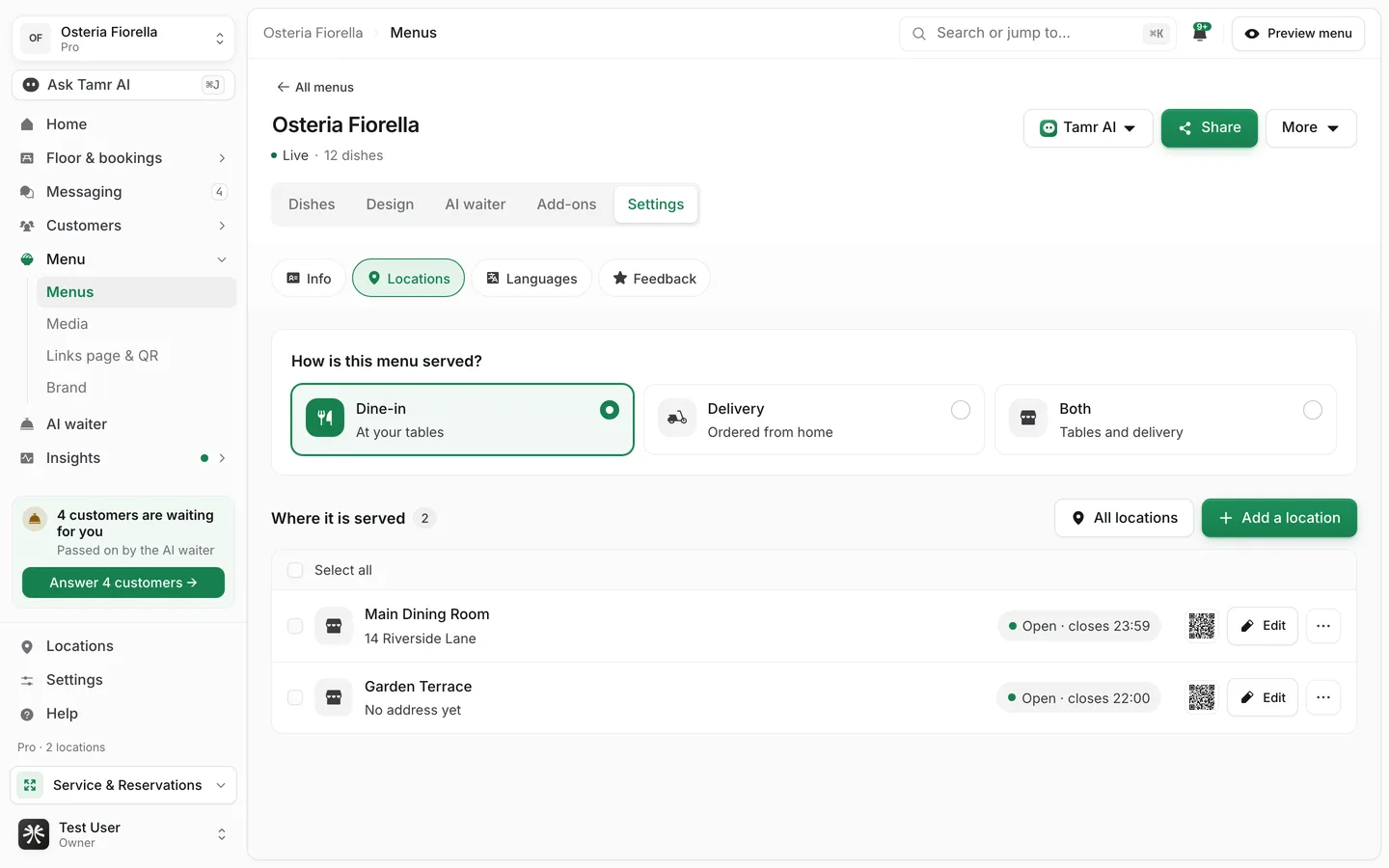 Settings → Locations in the tamr menu editor, with How is this menu served? set to Dine-in and two locations under Where it is served