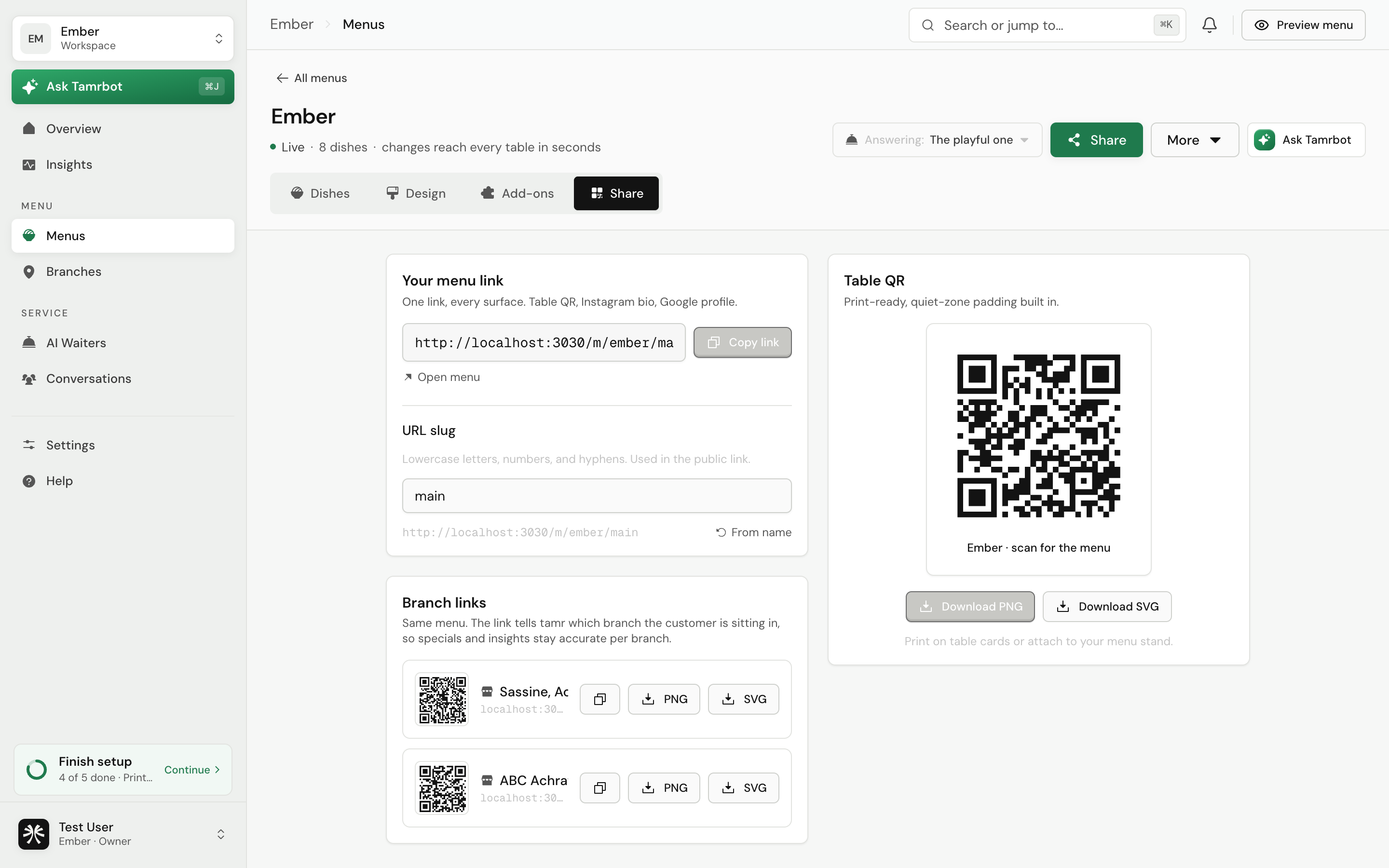 The Share tab of the tamr menu editor, showing the menu link, table QR code, and per-branch links