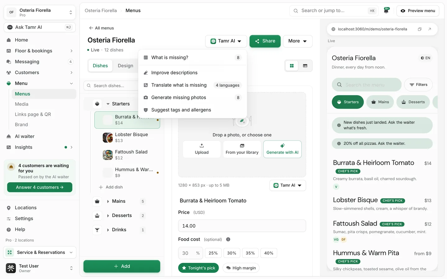 The Tamr AI menu open in the tamr menu editor, listing What is missing?, Improve descriptions, Translate what is missing, Generate missing photos, and Suggest tags and allergens