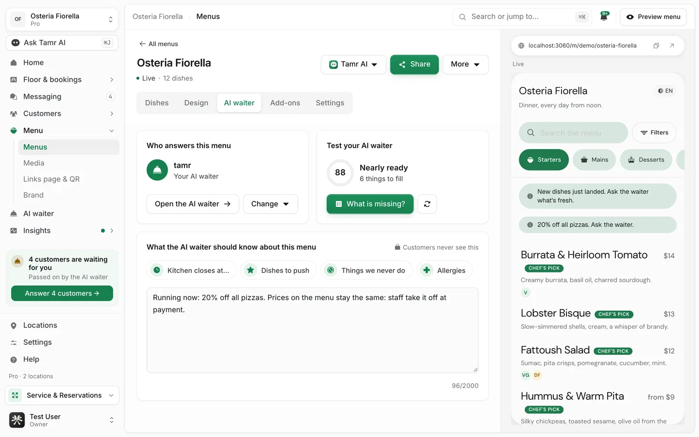 The AI waiter tab of the tamr menu editor, with Who answers this menu, Test your AI waiter with a readiness score, and a notes field