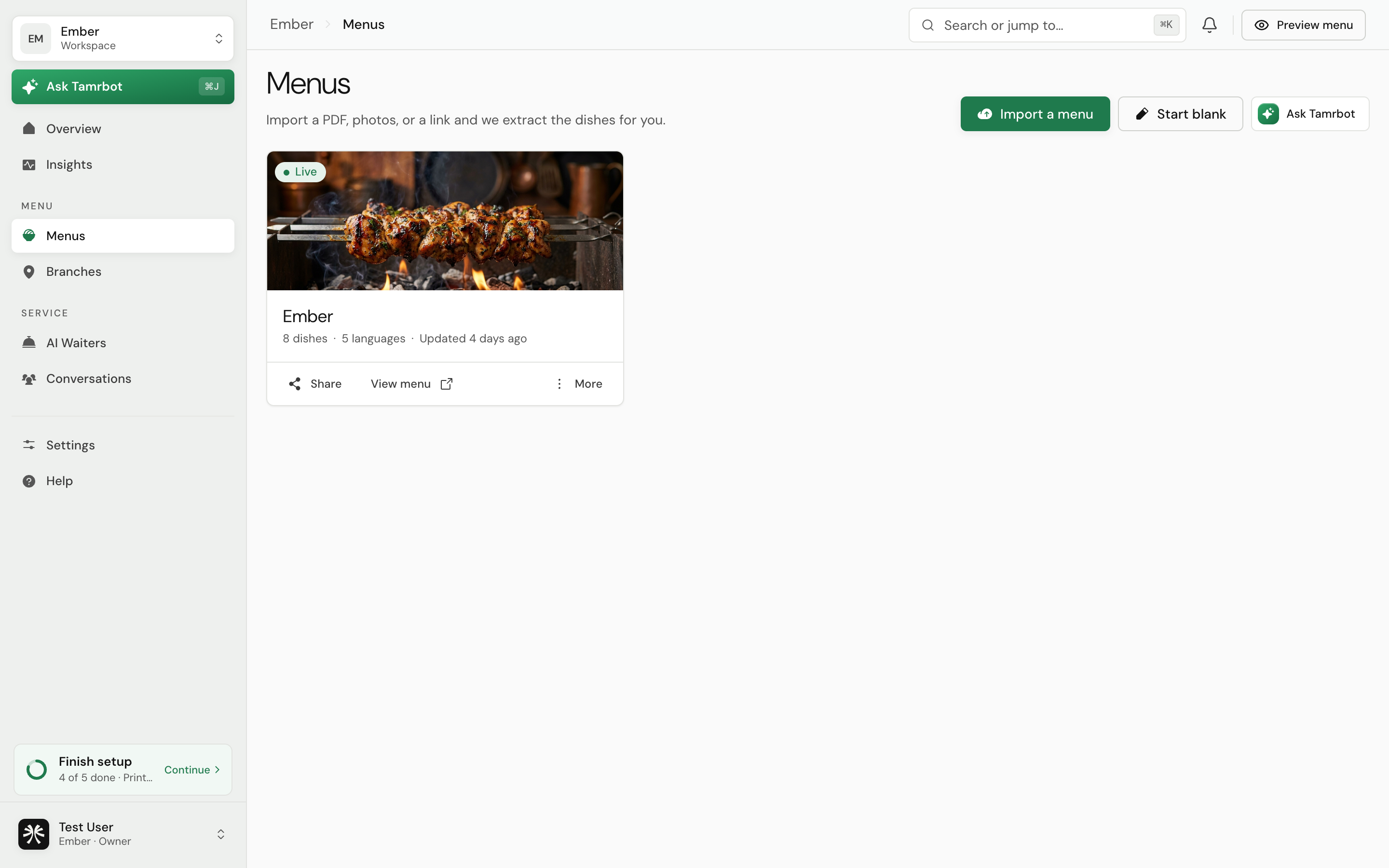 The tamr Menus screen listing menus with their status and dish counts