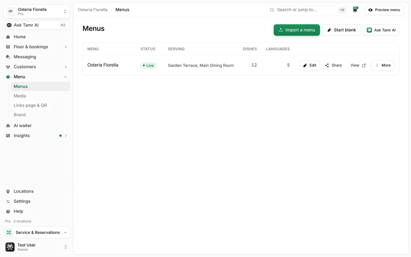 The Menus page in tamr, listing one live menu with the locations it serves, its dish count and its languages